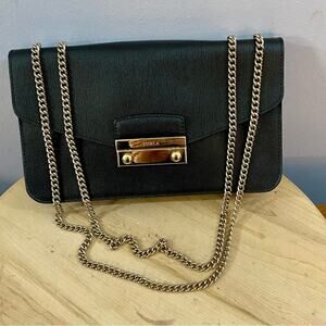 FURLA Metropolis Chain Black Leather Front Plate Logo Small Size Crossbody Bag